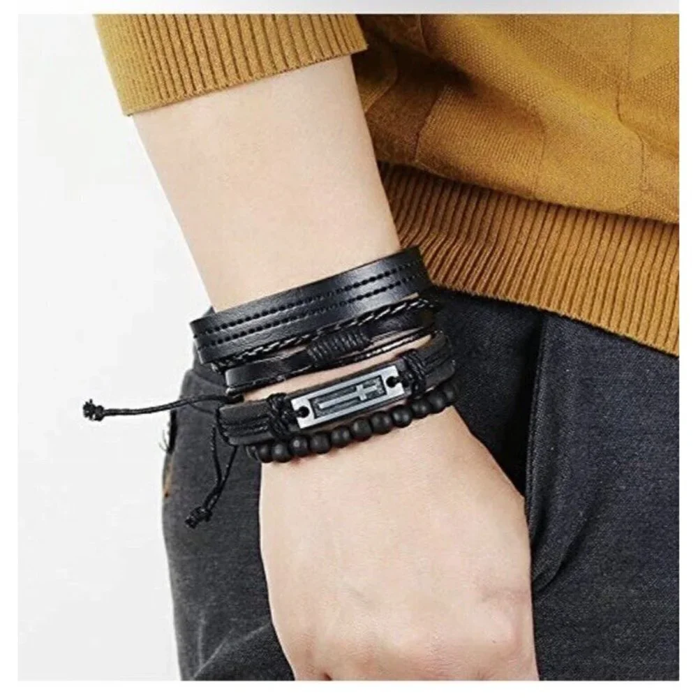 Black Leather Bracelet Woven Braided Bracelets Hemp Cords Wood Beads Set of 4
